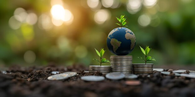 Foto la pila de monedas de plata ecológica de globe atop simboliza las finanzas y las inversiones sostenibles.