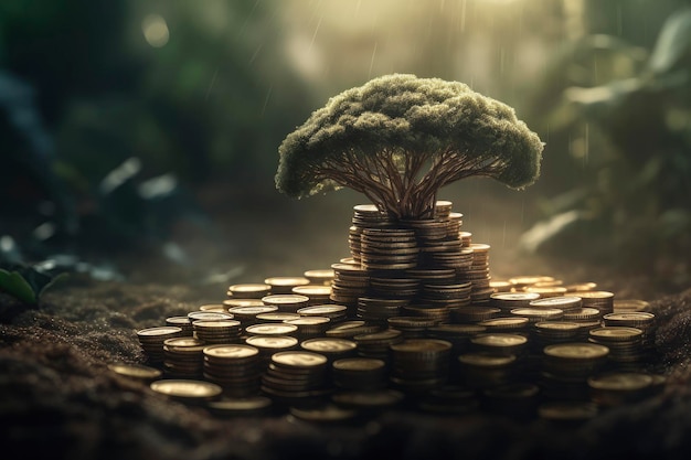 Una pila de monedas de las que crece un árbol