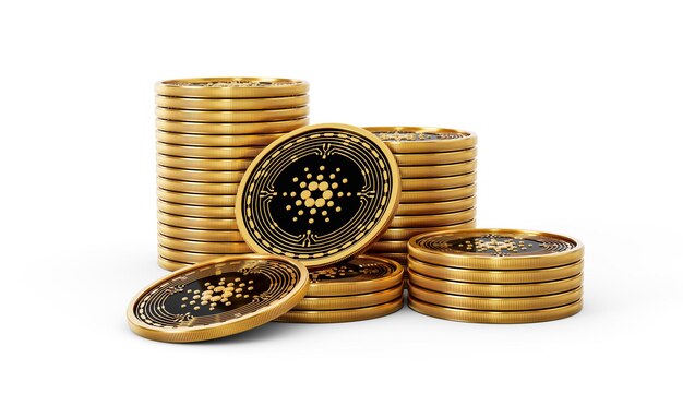 Una pila de monedas redondeadas de Cardano de criptomoneda de oro apiladas sobre un fondo blanco Ilustración 3D