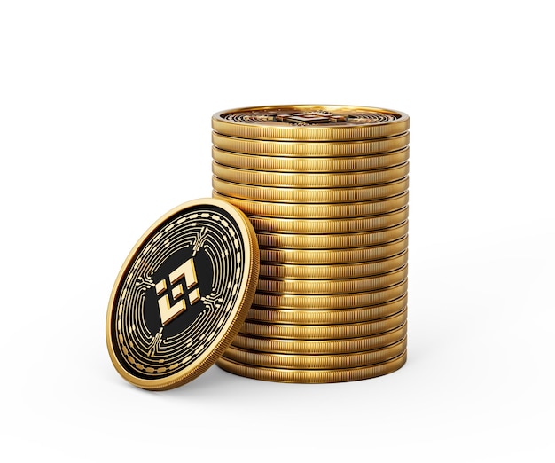 Una pila de monedas redondeadas de criptomoneda de oro Binance apiladas sobre un fondo blanco Ilustración 3D