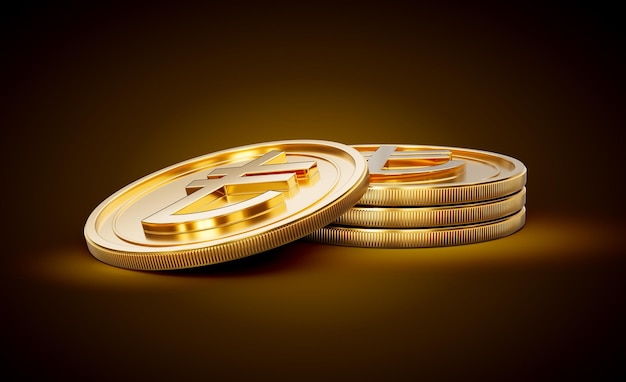 Una pila de monedas redondeadas de lira turca doradas brillantes en un fondo de brillo dorado brillante Ilustración en 3D