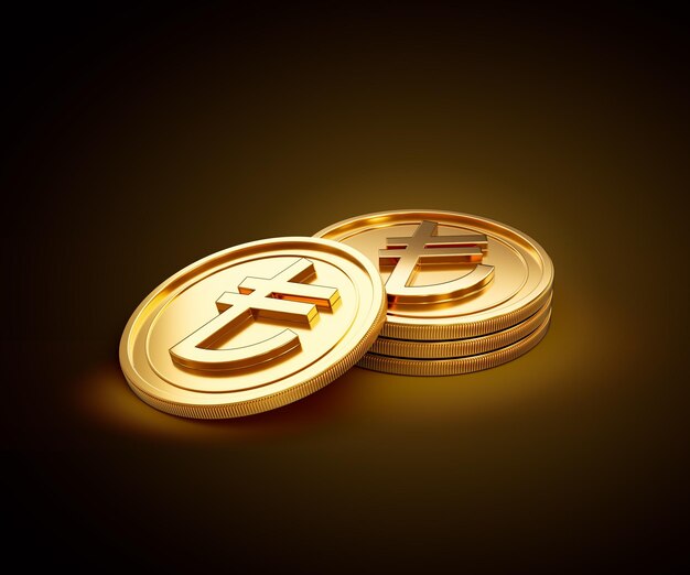 Una pila de monedas redondeadas de lira turca doradas brillantes en un fondo de brillo dorado brillante Ilustración en 3D