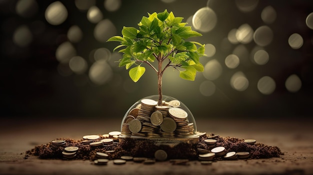 Una pila de monedas sentadas encima de una pila de tierra con plantas que crecen fuera de ella concepto ecológico