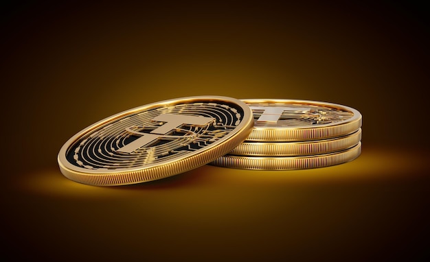 Una pila de monedas USDT de criptomoneda dorada en un fondo de brillo dorado brillante Ilustración en 3D