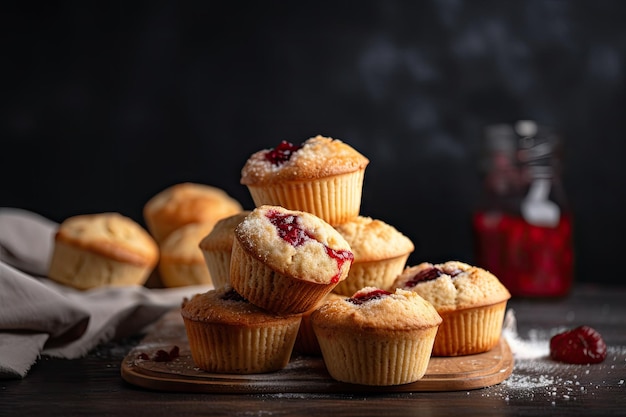 Pila de muffins recién horneados con mermelada de fresa dulce creada con IA generativa