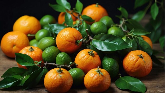 una pila de naranjas con hojas verdes y naranjas en una mesa de madera