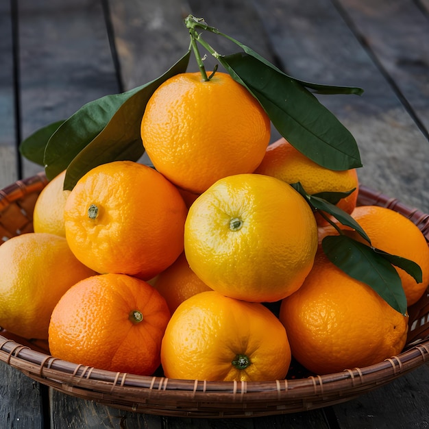 Una pila de naranjas orgánicas frescas en una canasta marrón de frutas saludables para las redes sociales