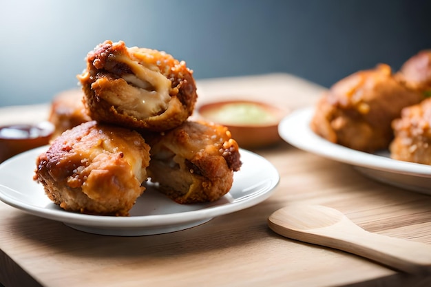 Una pila de nuggets de pollo en un plato con una cuchara de madera