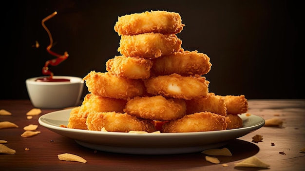 Una pila de nuggets de pollo con salsa de tomate en una mesa de madera con fondo borroso