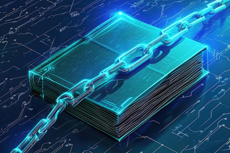 Foto una pila ordenada de hojas de papel unidas por una sólida cadena metálica que crea una disposición segura y organizada ilustración de un libro mayor para representar el concepto de blockchain generado por ia