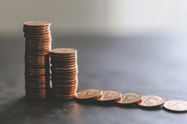 Una pila ordenada de monedas brillantes sentadas en la parte superior de una mesa de madera Una pila de monedas que crean una escalera que muestra la inflación incremental Generada por IA