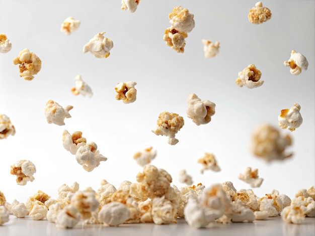 una pila de palomitas de maíz y un fondo blanco con una palomita de maíz en el medio
