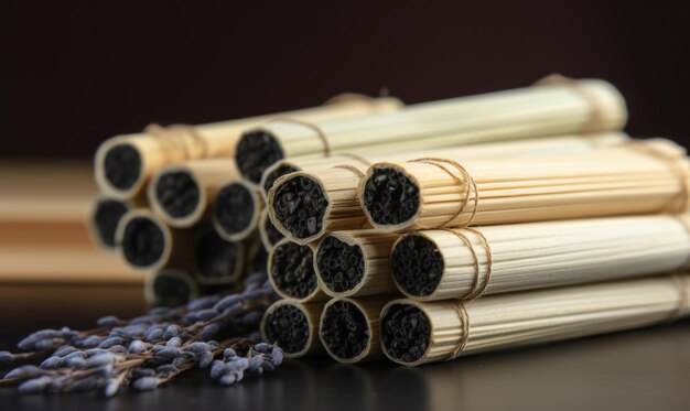 Una pila de palos de bambú con lavanda en la parte superior.