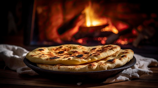 Una pila de pan naan en un plato frente a una chimenea