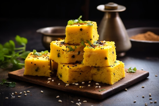 Una pila de paneer amarillo está en una bandeja de madera con una tetera de cobre en el fondo.