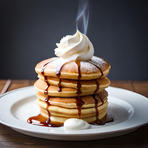 Una pila de panqueques con almíbar y crema batida encima.