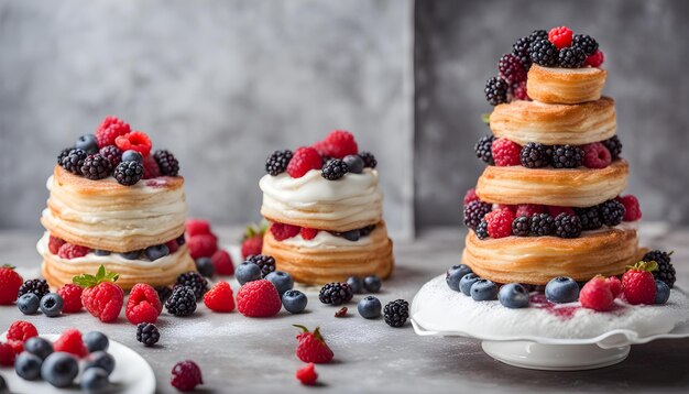 una pila de panqueques con bayas y una pila de pancakes