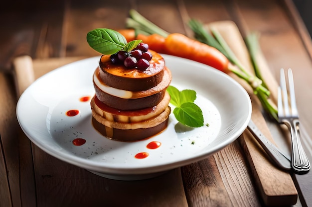 una pila de panqueques con chocolate y hojas de menta en un plato.