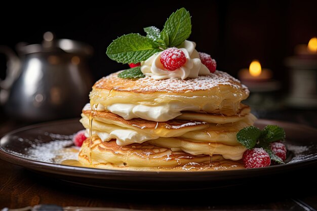 una pila de panqueques con crema batida y frambuesas