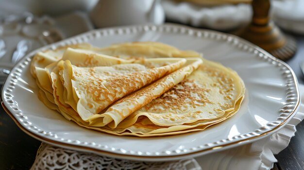 Una pila de panqueques delgados en un plato blanco sobre un fondo claro