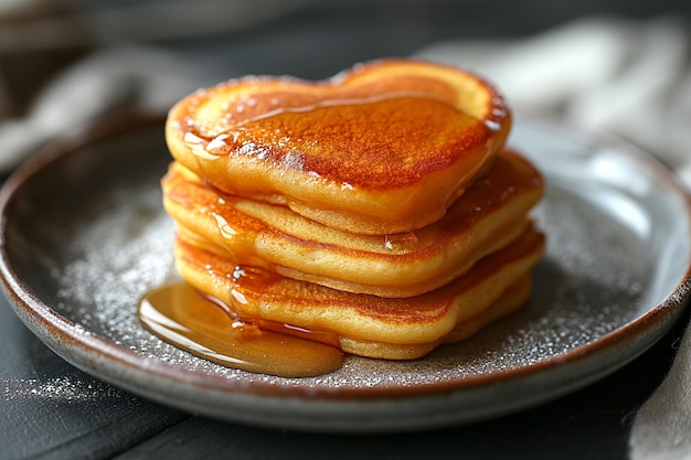 pila de panqueques en forma de corazón con miel en un plato vista desde arriba servido en la mesa de la cocina para