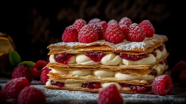 una pila de panqueques con frambuesas y crema.