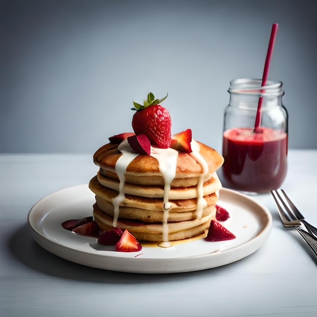 Una pila de panqueques con fresas y una botella de leche.