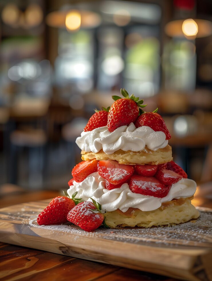 Una pila de panqueques con fresas y crema batida encima