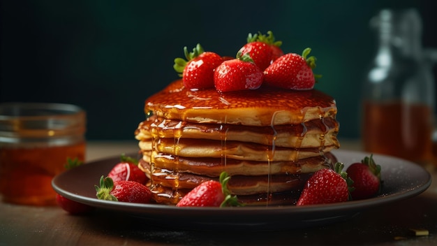 Una pila de panqueques con fresas encima