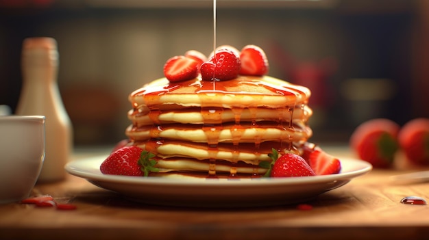 Foto una pila de panqueques con fresas encima