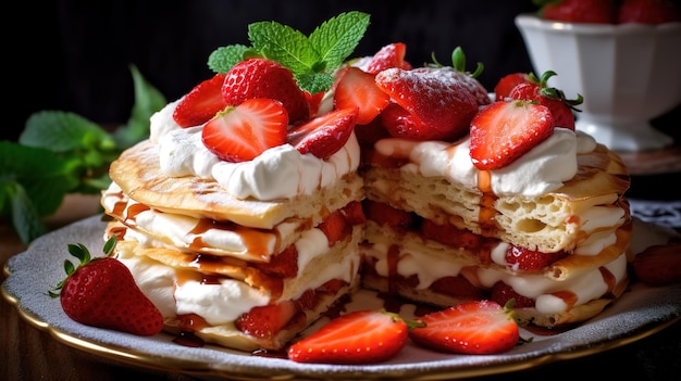 Una pila de panqueques con fresas encima