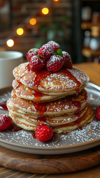 Una pila de panqueques con fresas y jarabe