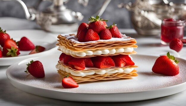 una pila de panqueques con fresas en la parte superior de ellos