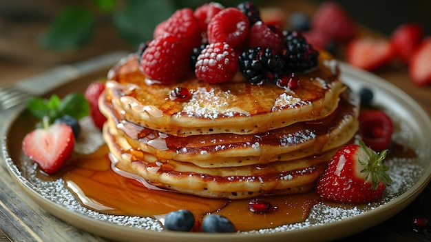 una pila de panqueques con fresas