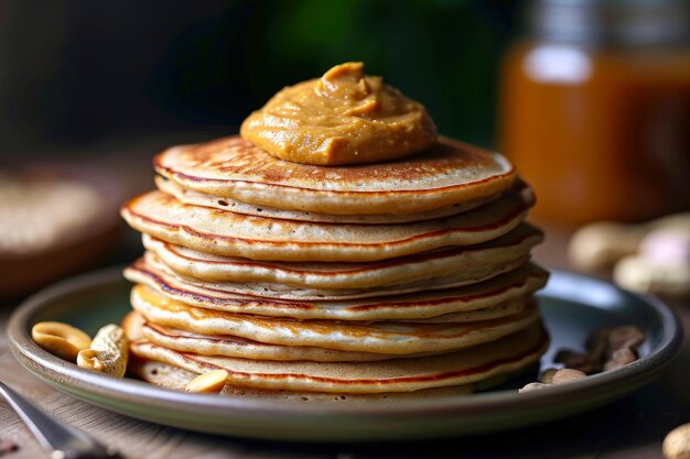 Una pila de panqueques con mantequilla de maní en la tapa