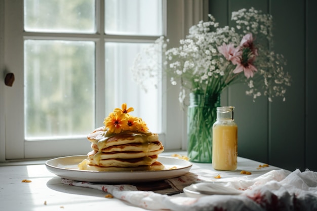 Una pila de panqueques en una mesa con flores al fondo