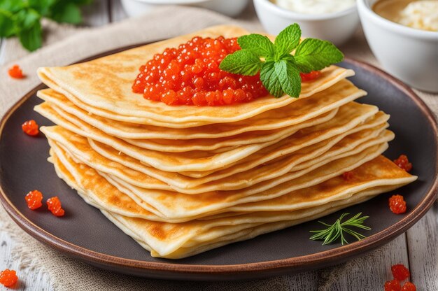 Una pila de panqueques muy delgados tradicionales para la semana de los panqueques rusos.