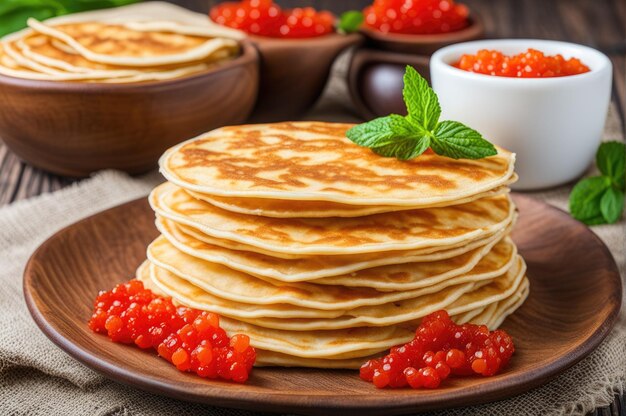 Foto una pila de panqueques muy delgados tradicionales para la semana de los panqueques rusos.