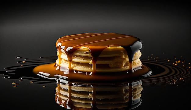 Una pila de panqueques con salsa de chocolate encima.