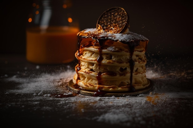 Una pila de panqueques con salsa de chocolate encima