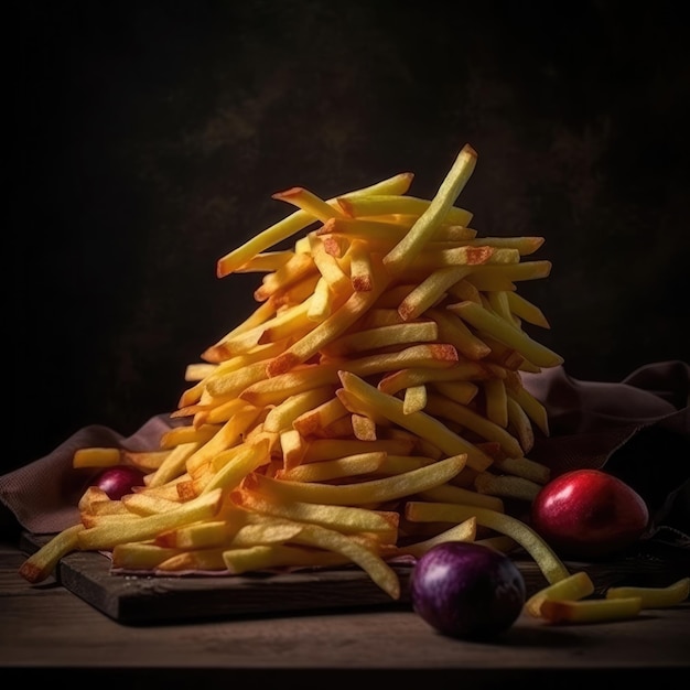 Una pila de papas fritas con un fondo oscuro