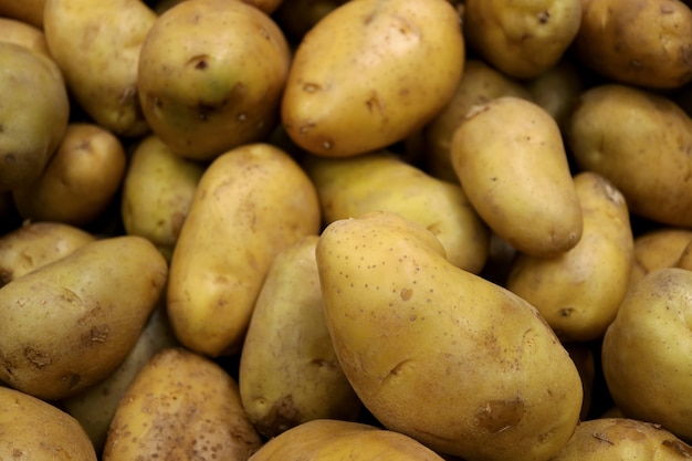 Pila de papas de ley fresca con enfoque selectivo