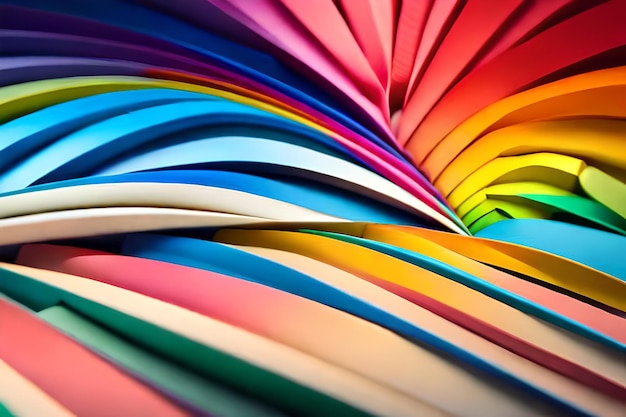 una pila de papel de colores del arco iris con un lápiz de colores del arco iris en la parte inferior.