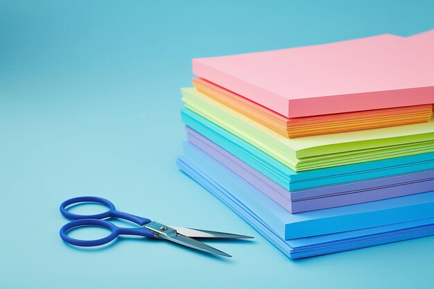 Foto una pila de papel de construcción de colores arco iris con tijeras y pegamento cerca