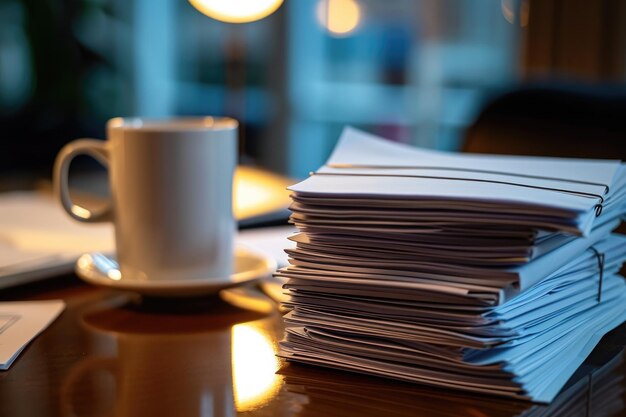 Una pila de papeles colocados cuidadosamente al lado de una taza de café en una mesa Una pila de documentos de negocios con una tazón de café en el escritorio Generado por IA