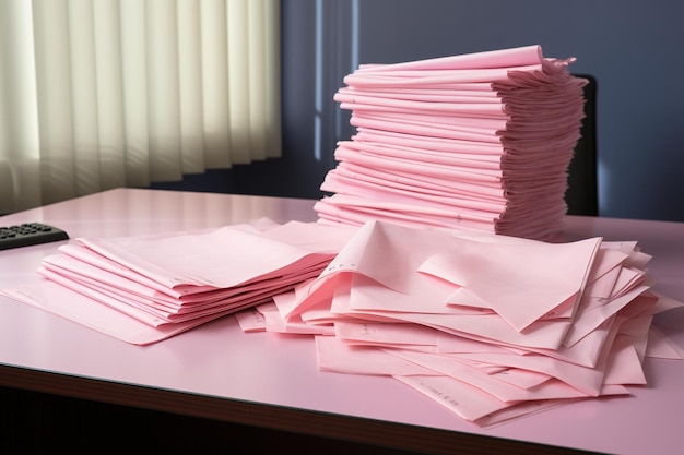 Una pila de papeletas rosadas junto a un gráfico de reducción de personal en un escritorio corporativo
