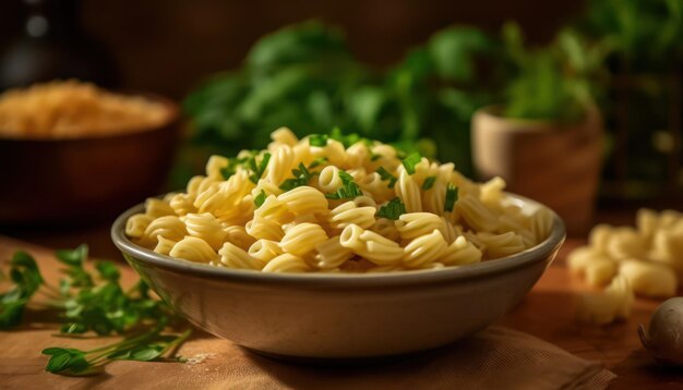 pila de pasta en una mesa con un plato de perejil en el lado