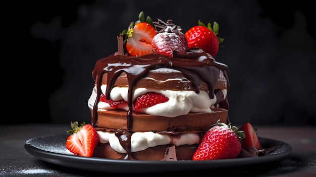 Una pila de pastel de chocolate con fresas encima