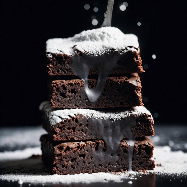 una pila de pastel de chocolate con polvo blanco en la parte superior