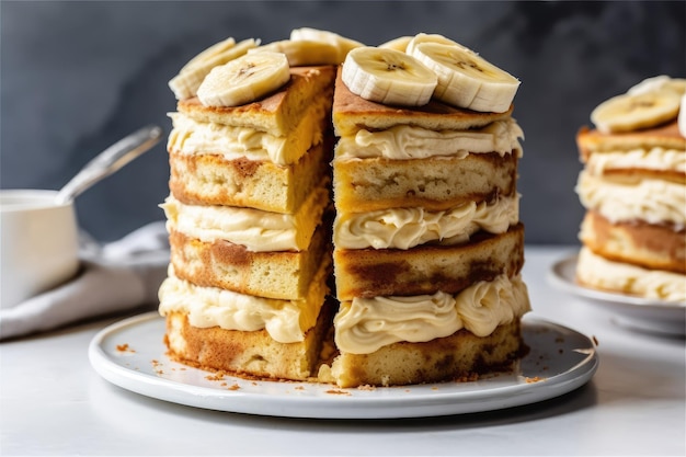 Pila de pasteles de plátano cada capa separada por remolinos de relleno cremoso